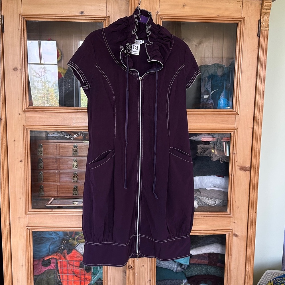 Vintage Couture Dzhavael Eggplant Zip-Up Dress, Cap Sleeves, Knee Length